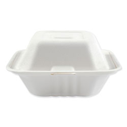 Boardwalk Bagasse Food Containers, Hinged-Lid, 1-Compartment 6 x 6 x 3.19, White, Sugarcane, 125/Sleeve, 4 Sleeves/Carton