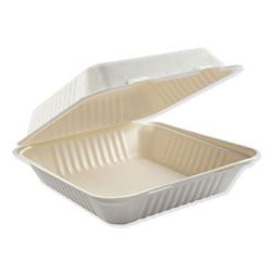 Boardwalk Bagasse Food Containers, Hinged-Lid, 1-Compartment 9 x 9 x 3.19, White, Sugarcane, 100/Sleeve, 2 Sleeves/Carton
