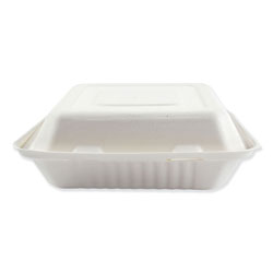 Boardwalk Bagasse Food Containers, Hinged-Lid, 3-Compartment 9 x 9 x 3.19, White, Sugarcane, 100/Sleeve, 2 Sleeves/Carton