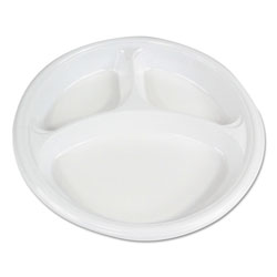 Boardwalk Hi-Impact Plastic Dinnerware, Plate, 3-Compartment, 10 in dia, White, 500/Carton
