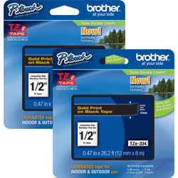 Brother P-touch TZe Laminated Tape Cartridges, 1/2 in, 2/BD, Gold/Black