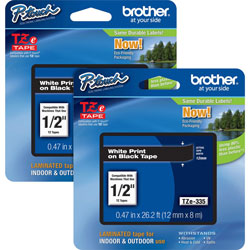 Brother P-touch TZe Laminated Tape Cartridges, 1/2 in, 2/BD, White/Black