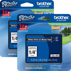 Brother Tape Cartridge, Laminated, f/P-Touch 8m, 1/4 in, 2/BD, WE/Black