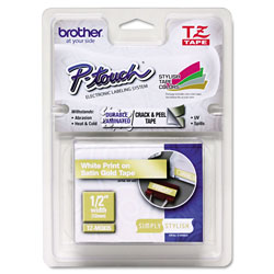 Brother TZ Standard Adhesive Laminated Labeling Tape, 0.47 in x 16.4 ft, White/Satin Gold