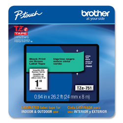 Brother TZe Laminated Removable Label Tapes, 0.94 in x 26.2 ft, Black on Green