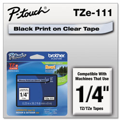 Brother TZe Standard Adhesive Laminated Labeling Tape, 0.23 in x 26.2 ft, Black on Clear