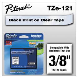 Brother TZe Standard Adhesive Laminated Labeling Tape, 0.35 in x 26.2 ft, Black on Clear