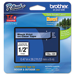 Brother TZe Standard Adhesive Laminated Labeling Tape, 0.47" x 26.2 ft, Black on Clear (BRTTZE131)