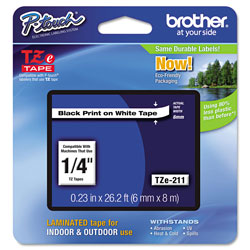 Brother TZe Standard Adhesive Laminated Labeling Tape, 0.23 in x 26.2 ft, Black on White