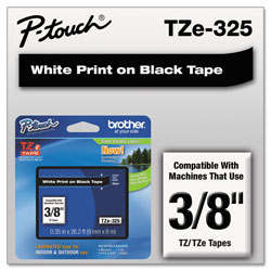 Brother TZe Standard Adhesive Laminated Labeling Tape, 0.35 in x 26.2 ft, White on Black