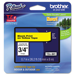 Brother TZe Standard Adhesive Laminated Labeling Tape, 0.7 in x 26.2 ft, Black on Yellow