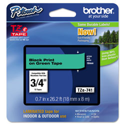 Brother TZe Standard Adhesive Laminated Labeling Tape, 0.7 in x 26.2 ft, Black on Green