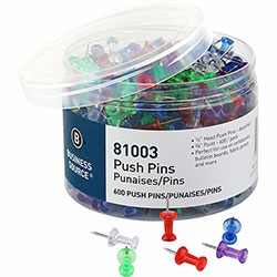 Business Source 1/2 in Head Pushpins, 0.50 in Head, for Notes, Photo, Corkboard, Bulletin Board, Fabric Panel, 600/Pack, Assorted