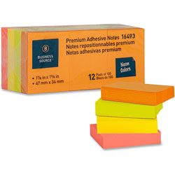 Business Source Adhesive Notes, Plain, 1-1/2 inx2 in, 100 Sh/PD, 12PD/Pack, Neon