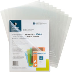Business Source File Holders, Poly, Water-resistant, 11 inx8-1/2 in, 10/PK, Clear