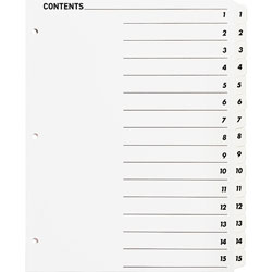 Business Source Index Dividers,w/TOC Page,1-15, 15 Tabs/ST,11 inx8-1/2 in,White