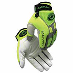 Caiman 2980 Goat Grain Hi-Vis Reflective Back Knuckle Protection Mechanics Gloves, Neoprene, Large, Lime Green/White