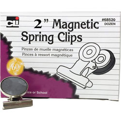Charles Leonard Magnetic Spring Clips, 2 in, 12/BX, Chrome