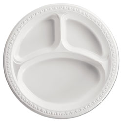 Chinet Heavyweight Plastic 3 Compartment Plates, 10 1/4 in Dia, White, 125/PK, 4 PK/CT