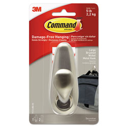 Command® Adhesive Mount Metal Hook, Large, Brushed Nickel Finish, 1 Hook and 2 Strips/Pack