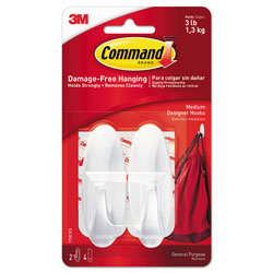 Command® General Purpose Designer Hooks, Medium, 3 lb Cap, White, 2 Hooks and 4 Strips/Pack