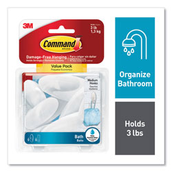 Command® Medium Bath Hooks Value Pack, Plastic, White, 3 lb Capacity, 6 Hooks and 6 Strips