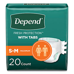 Depend® Incontinence Protection with Tabs, Small/Medium, 19 in to 34 in Waist, 20/Pack, 3 Packs/Carton