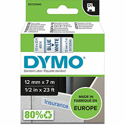 Dymo D1 Electronic Tape Cartridge, 1/2 in Width x 23 ft Length, Blue, White, Easy Peel, Durable