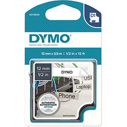 Dymo D1 Flexible Nylontape 12mm, 15/32 in Width, Permanent Adhesive, Arched Rectangle, Black, White, Nylon, Self-adhesive, Flexible