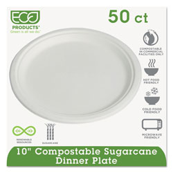 Eco-Products Compostable Sugarcane Dinnerware, 10 in Plate, Natural White, 50/Pack
