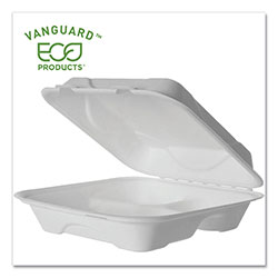 Eco-Products Vanguard Renewable and Compostable Sugarcane Clamshells, 3-Compartment, 9 x 9 x 3, White, 200/Carton