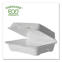 Eco-Products Vanguard Renewable and Compostable Sugarcane Clamshells, 1-Compartment, 9 x 6 x 3, White, 250/Carton