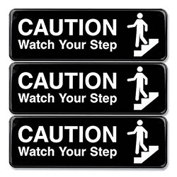 Excello Global Products® Caution Watch Your Step Indoor/Outdoor Wall Sign, 9 in x 3 in, Black Face, White Graphics, 3/Pack