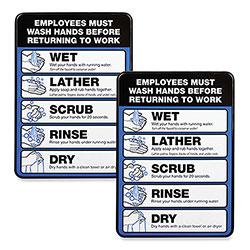 Excello Global Products® Employees Must Wash Hands Indoor Wall Sign, 5 in x 7 in, Black/Blue/White Face, Black/Blue Graphics, 2/Pack