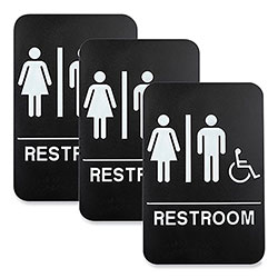 Excello Global Products® Indoor/Outdoor Restroom Sign with Braille Text and Wheelchair, 6 in x 9 in, Black Face, White Graphics, 3/Pack
