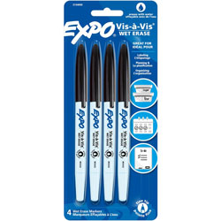 Expo® Vis-A-Vis Wet-Erase Markers, Fine Marker Point, Black, 4/Pack