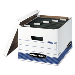 Fellowes HANG'N'STOR Medium-Duty Storage Boxes, Letter/Legal Files, 13 in x 16 in x 10.5 in, White/Blue, 4/Carton