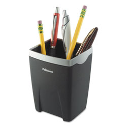 Fellowes Office Suites Divided Pencil Cup, Plastic, 3.13 x 3.13 x 4.25, Black/Silver