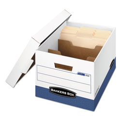 Fellowes R-KIVE Heavy-Duty Storage Boxes with Dividers, Letter/Legal Files, 12.75 in x 16.5 in x 10.38 in, White/Blue, 12/Carton
