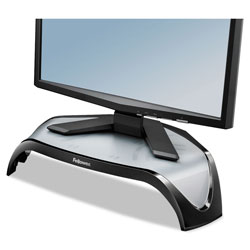 Fellowes Smart Suites Corner Monitor Riser, For 21 in Monitors, 18.5 in x 12.5 in x 3.88 in to 5.13 in, Black/Clear Frost, Supports 40 lbs