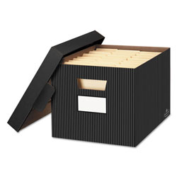 Fellowes STOR/FILE Decorative Medium-Duty Storage Box, Letter/Legal Files, 12.5 in x 16.25 in x 10.25 in, Black/Gray Pinstripe Design, 4/CT