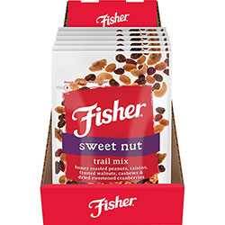 Fisher Sweet Nut Mix - Resealable Bag - Honey Roasted Peanut, Raisin, Walnut, Cashew, Dried Cranberries - 6 / Carton