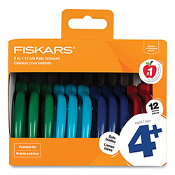 Fiskars Kids Scissors, Pointed Tip, 5 in Long, 1.75 in Cut Length, Straight Handles, Assorted Colors, 12/Pack