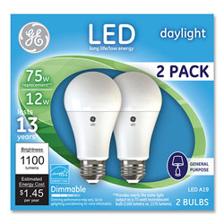 GE 75W LED Bulbs, 12 W, A19 Bulb, Daylight, 2/Pack