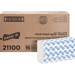 Genuine Joe Multifold Towels, 1 Ply, Multifold, 9.20 in x 9.40 in, White, 250 Per Bundle, 60/Pallet
