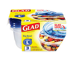 Glad Big Bowl Food Storage Containers with Lids, 48 oz, Clear/Blue, Plastic, 3/Box