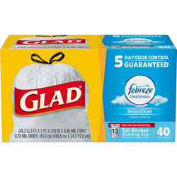 Glad ForceFlex Tall Kitchen Drawstring Trash Bags, Fresh Clean, 13 gal, 24 in x 27.38 in Length x 1.05 mil (27 Micron) Thickness, White, 40/Box, Kitchen