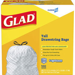 Glad ForceFlex Tall Kitchen Drawstring Trash Bags, 13 gal, 24 in x 27 3/8 in, .95 mil, 100/Box, White