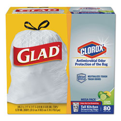 Glad OdorShield Tall Kitchen Drawstring Bags, 13 gal, 0.95 mil, 24 in x 27.38 in, White, 80/Box