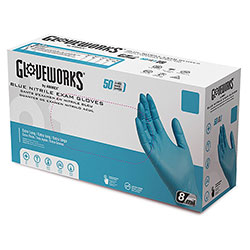 Gloveworks® Blue Nitrile Exam Gloves, Powder-Free, Medium, Blue, 8 mil, 50/Box, 10 Boxes/Carton
